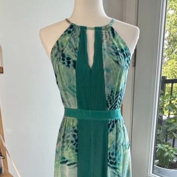 Marciano Teal Abstract Maxi Dress – Pleated Panel & Dual Front Slits, Size XS - Picture 1 of 6